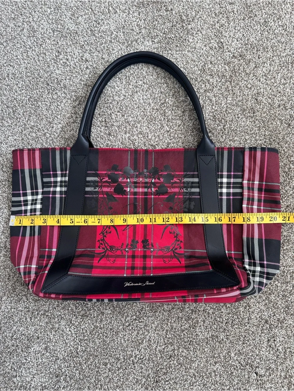 Victoria's Secret Red and Black Plaid Tote with Floral Accent